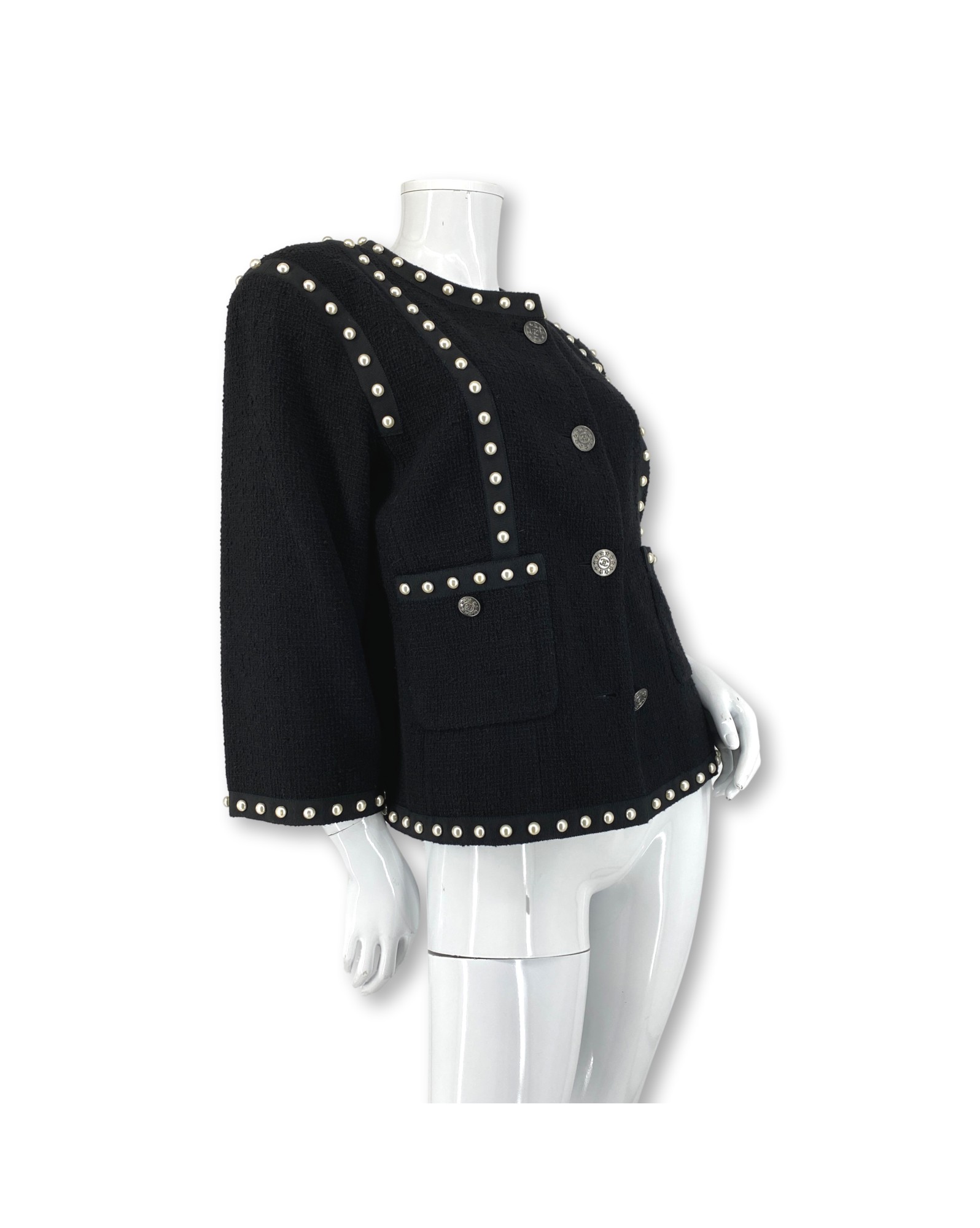Classic Pearl Trim Tweed Parisian Jacket - Black